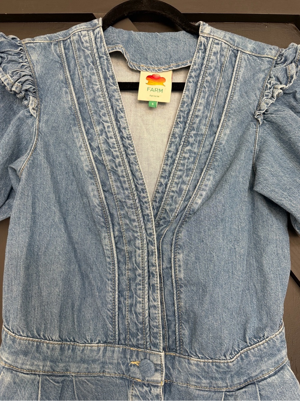 FARM Rio Denim Ruffled Puff Sleeve Romper, Size Small - Picture 9 of 11